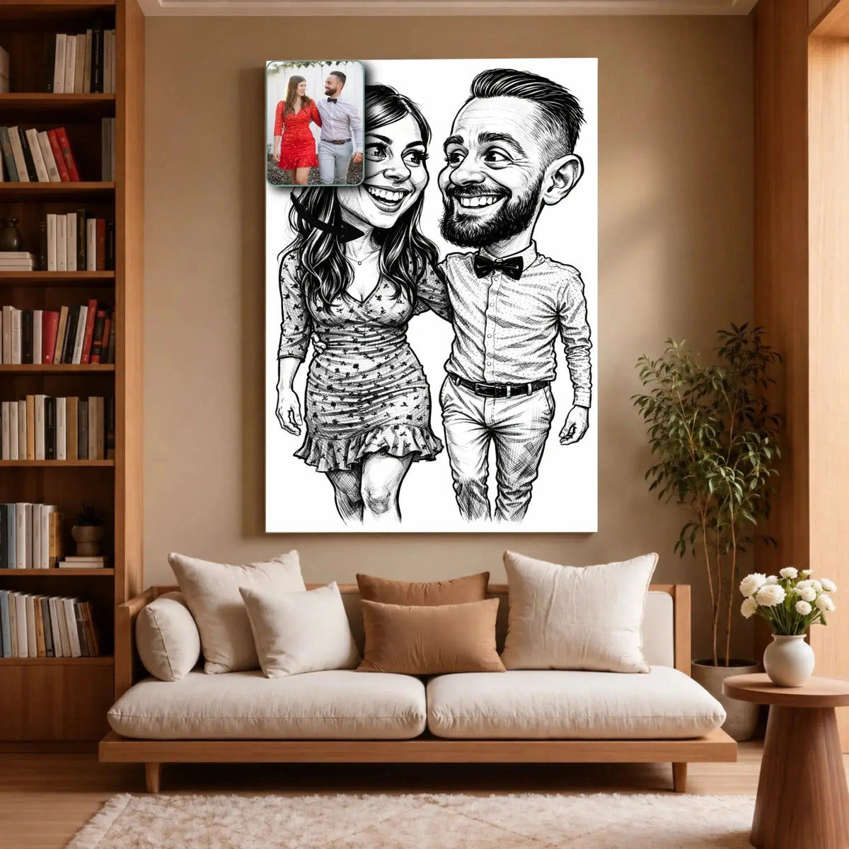 Grande toile portrait personnalisé style caricature noir et blanc dans un salon, décoration murale