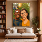 Grande toile portrait personnalisé style caricature dans un salon, décoration murale