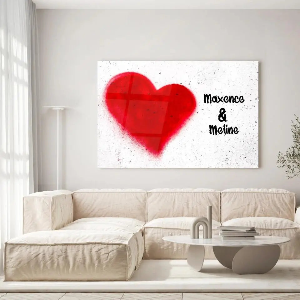 Grande toile cœur mural personnalisée couple accrochée au mur, salon lumineux