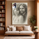 Grande toile portrait personnalisé effet dessin au crayon graphite dans un salon, décoration murale