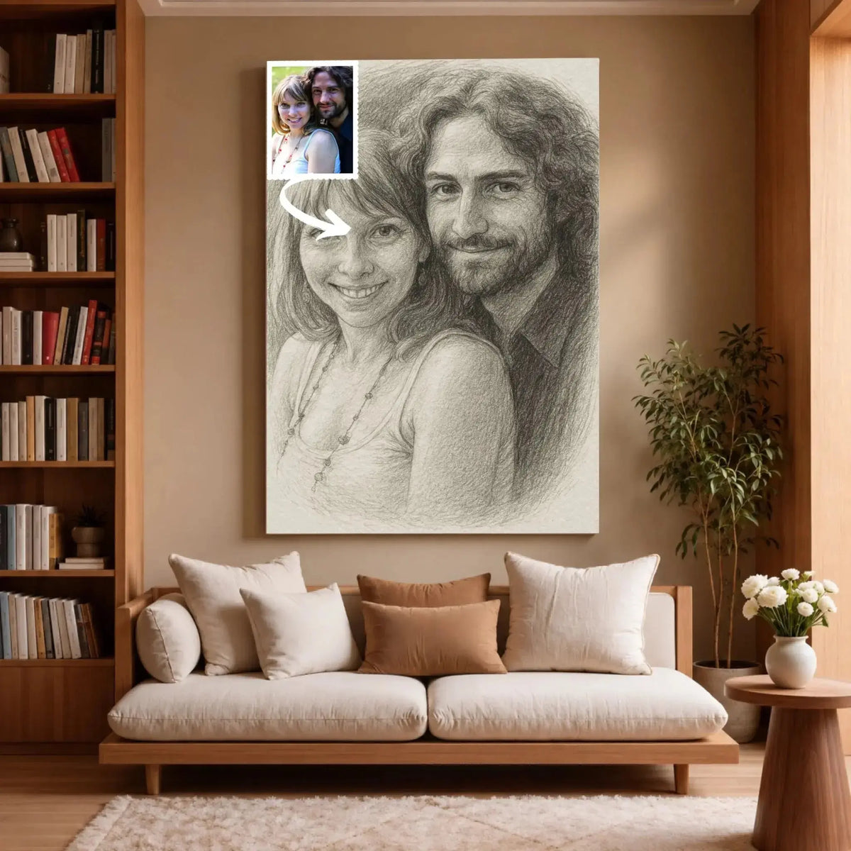 Grande toile portrait personnalisé effet dessin au crayon graphite dans un salon, décoration murale