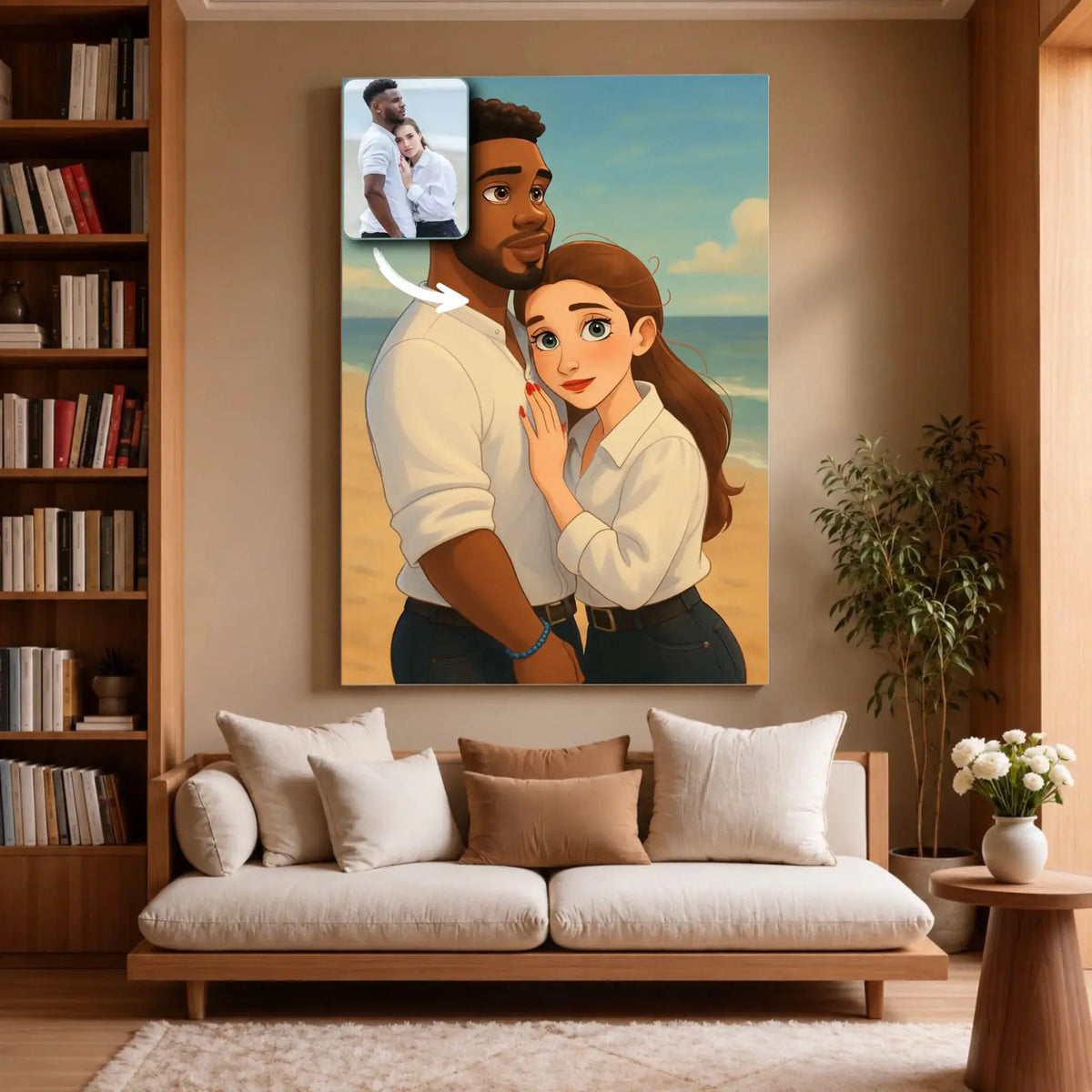 Grande toile portrait personnalisé style Disney accrochée au mur, salon avec bibliothèque
