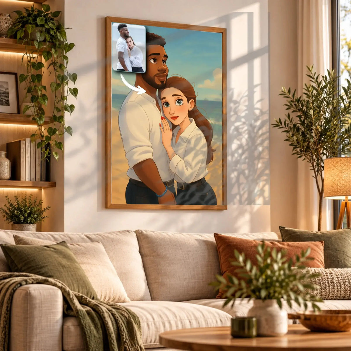 Grande toile portrait personnalisé style Disney accrochée au mur, salon avec canapé et lampe en rotin