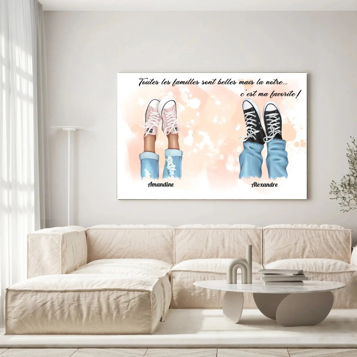 Grande toile famille personnalisée chaussures accrochée au mur, salon lumineux