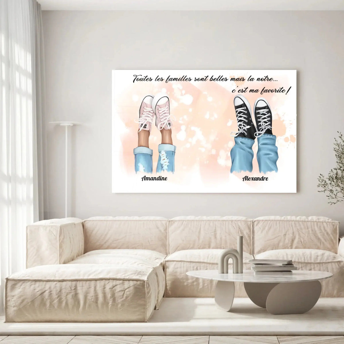 Grande toile famille personnalisée chaussures accrochée au mur, salon lumineux, variante