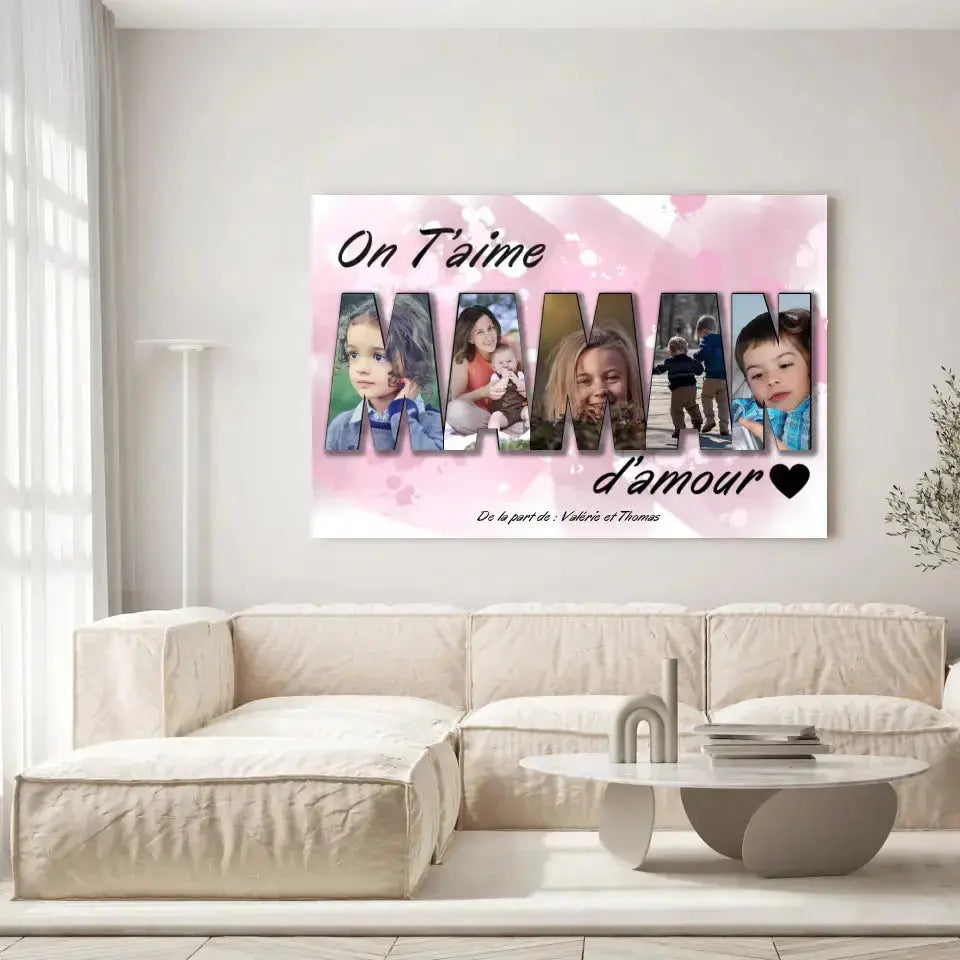 Grande toile famille personnalisée lettres MAMAN photo accrochée au mur, salon lumineux