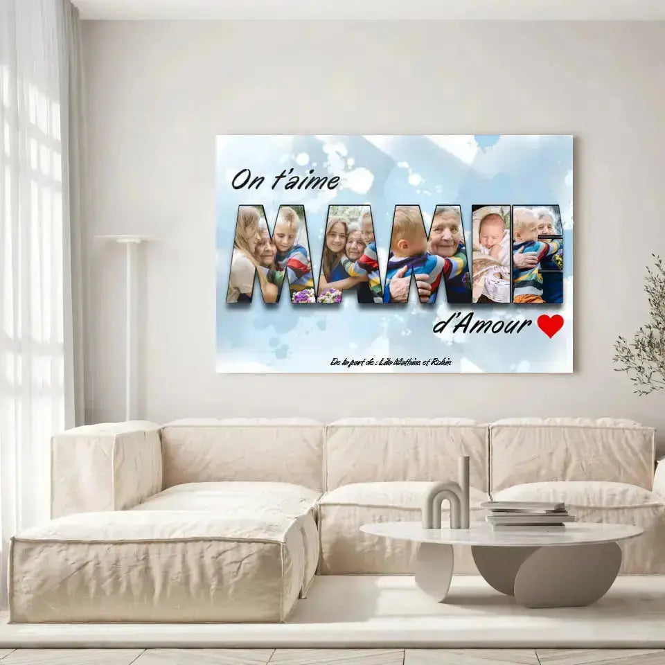 Grande toile famille personnalisée lettres MAMIE photo accrochée au mur, salon lumineux