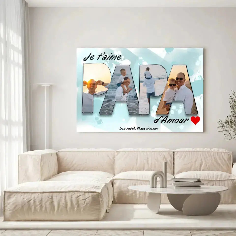 Grande toile famille personnalisée lettres PAPA photo accrochée au mur, salon lumineux