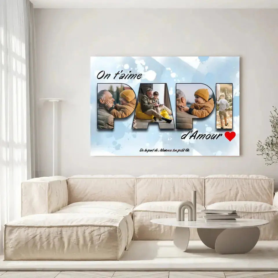 Grande toile famille personnalisée lettres PAPI photo accrochée au mur, salon lumineux