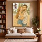 Grande toile portrait personnalisé style anime japonais Ghibli dans un salon, décoration murale