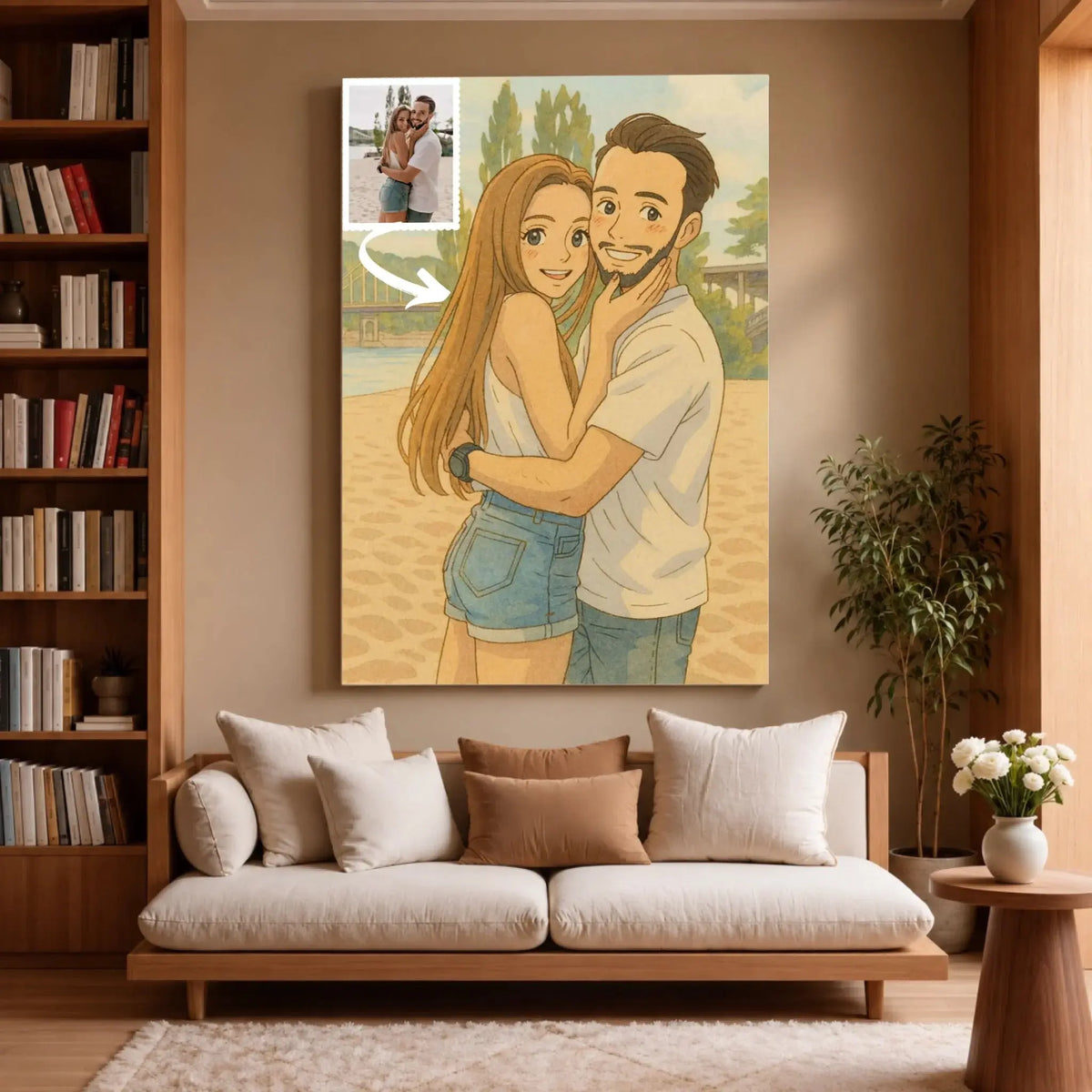 Grande toile portrait personnalisé style anime japonais Ghibli dans un salon, décoration murale