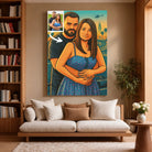 Grande toile portrait personnalisé effet cartoon type GTA dans un salon, décoration murale