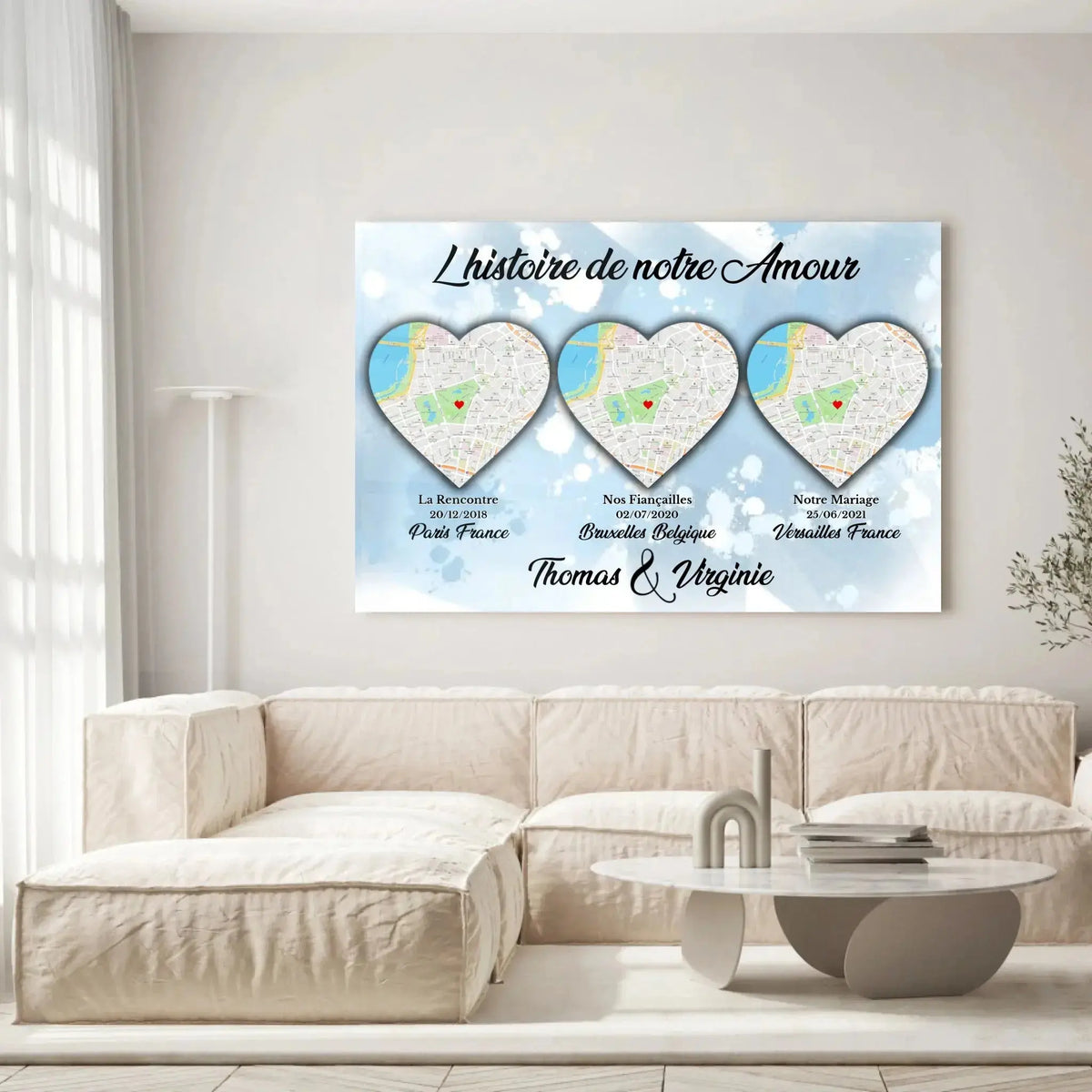 Grande toile Lieu de Rencontre personnalisée histoire de notre amour accrochée au mur, salon lumineux