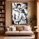 Grande toile portrait personnalisé style manga rétro noir et blanc dans un salon, décoration murale