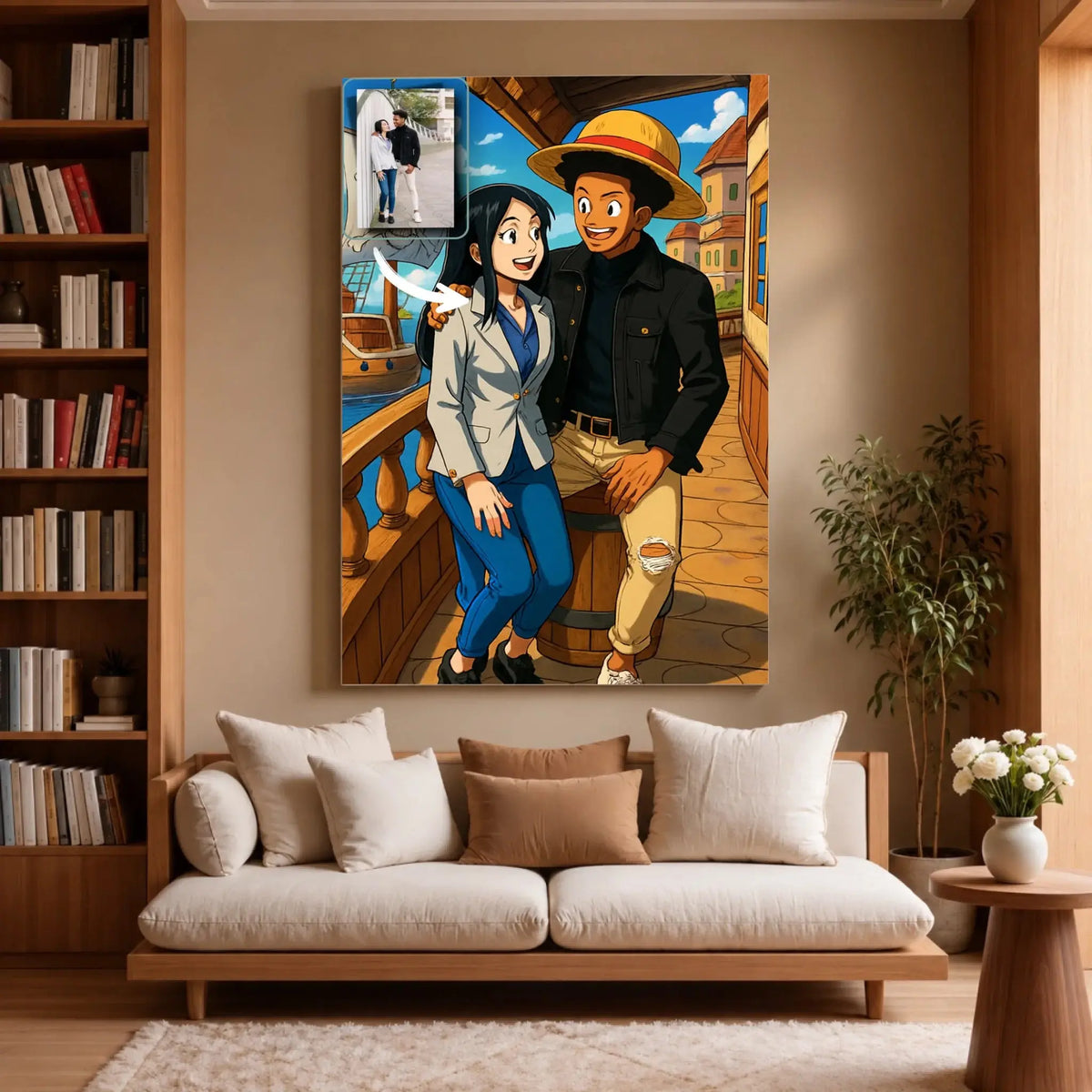 Grande toile portrait personnalisé style One Piece dans un salon, décoration murale