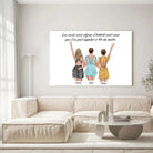 Grande toile personnages groupe de copines personnalisée accrochée au mur, salon lumineux