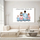 Grande toile personnages famille personnalisée (2 enfants) accrochée au mur, salon lumineux