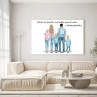 Grande toile personnages famille personnalisée (3 enfants) accrochée au mur, salon lumineux