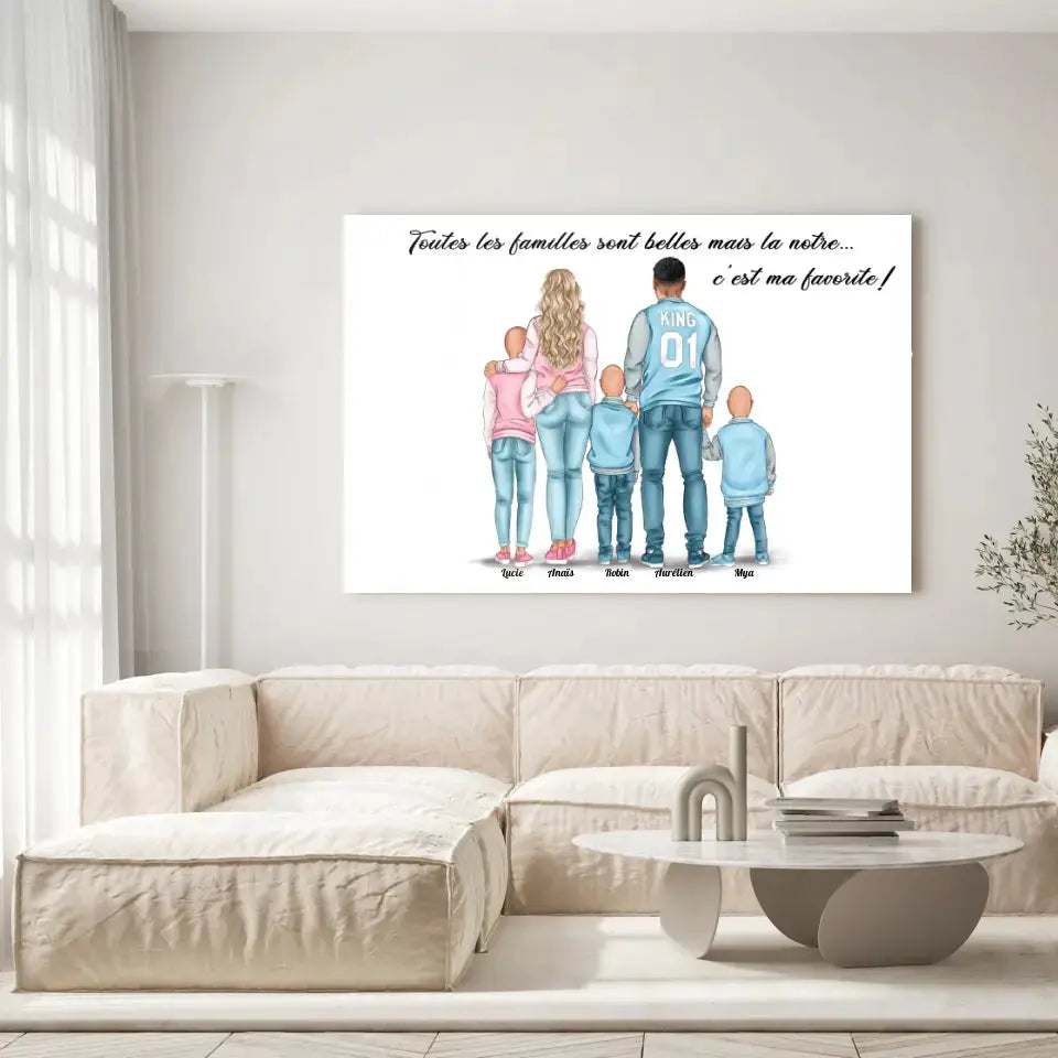 Grande toile personnages famille personnalisée (3 enfants) accrochée au mur, salon lumineux