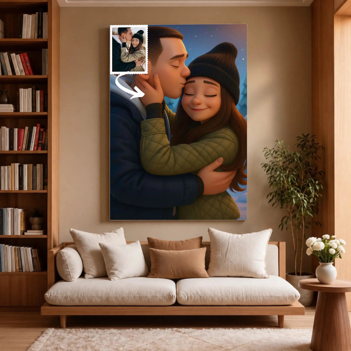 Grande toile portrait personnalisé style anime Pixar 3D dans un salon, décoration murale
