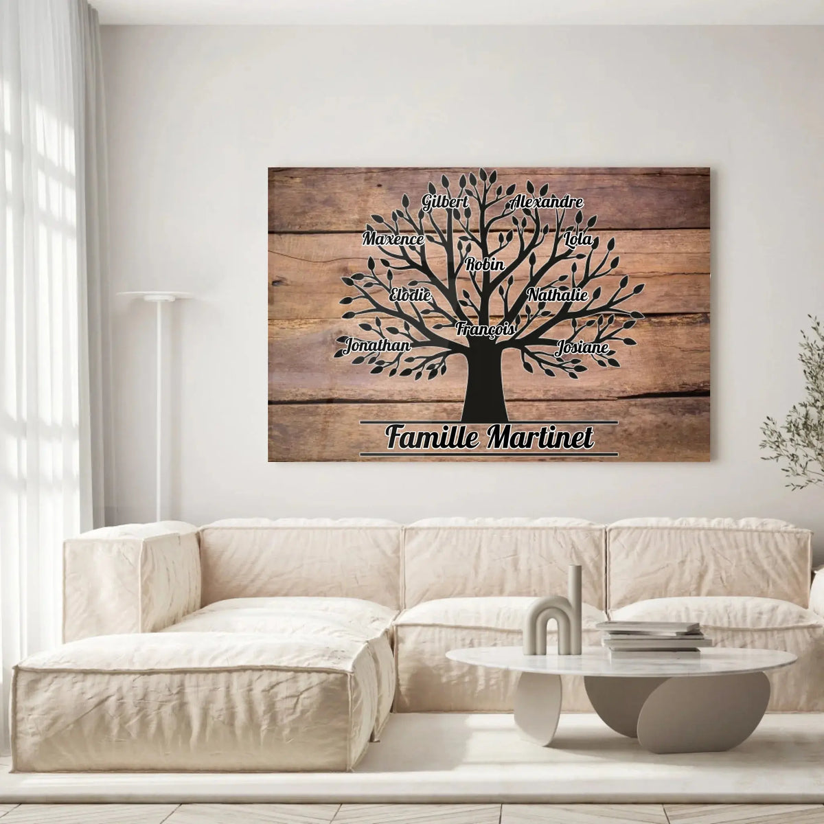 Grande toile prénoms personnalisée Arbre de Vie accrochée au mur, salon lumineux