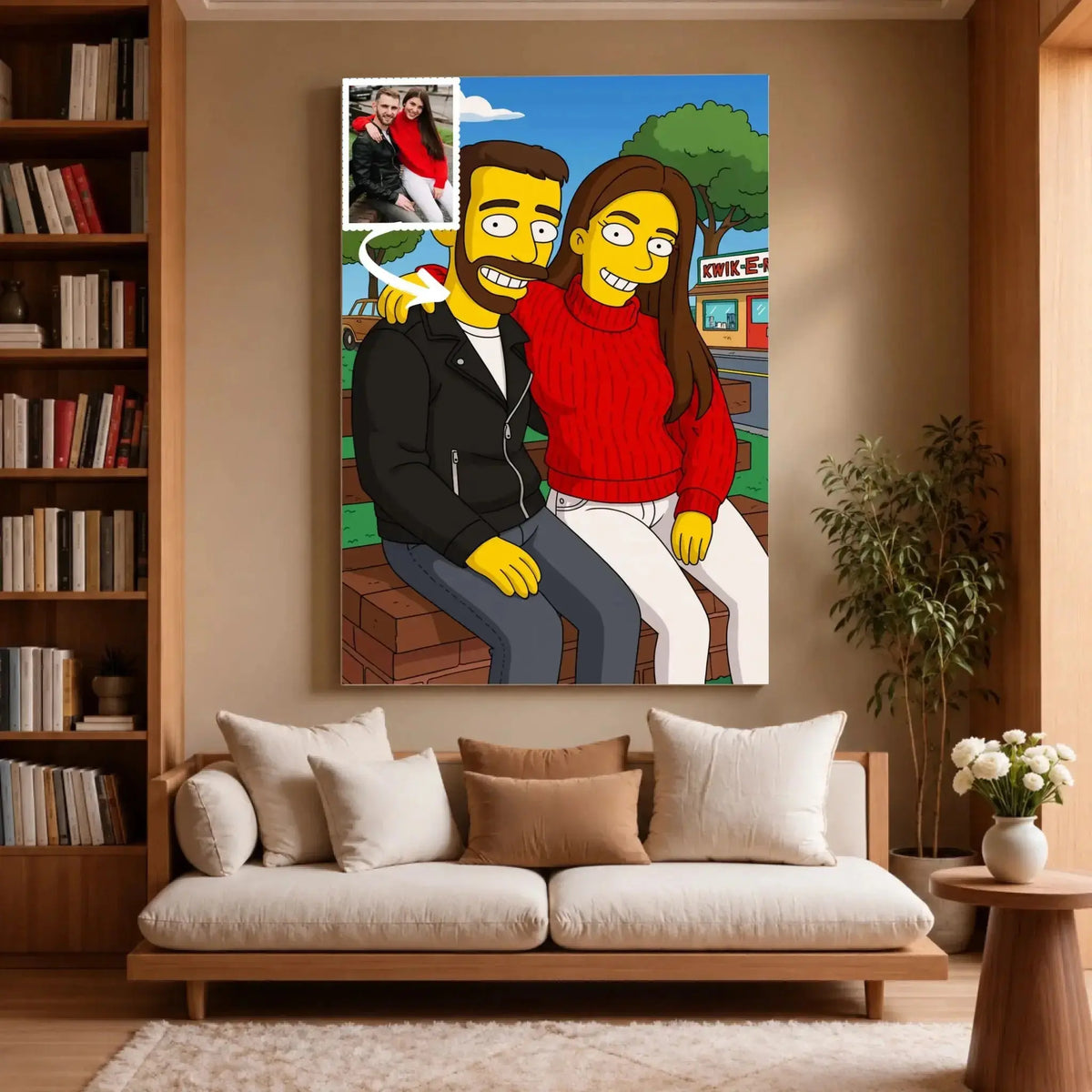Grande toile portrait personnalisé style Simpson dans un salon, décoration murale