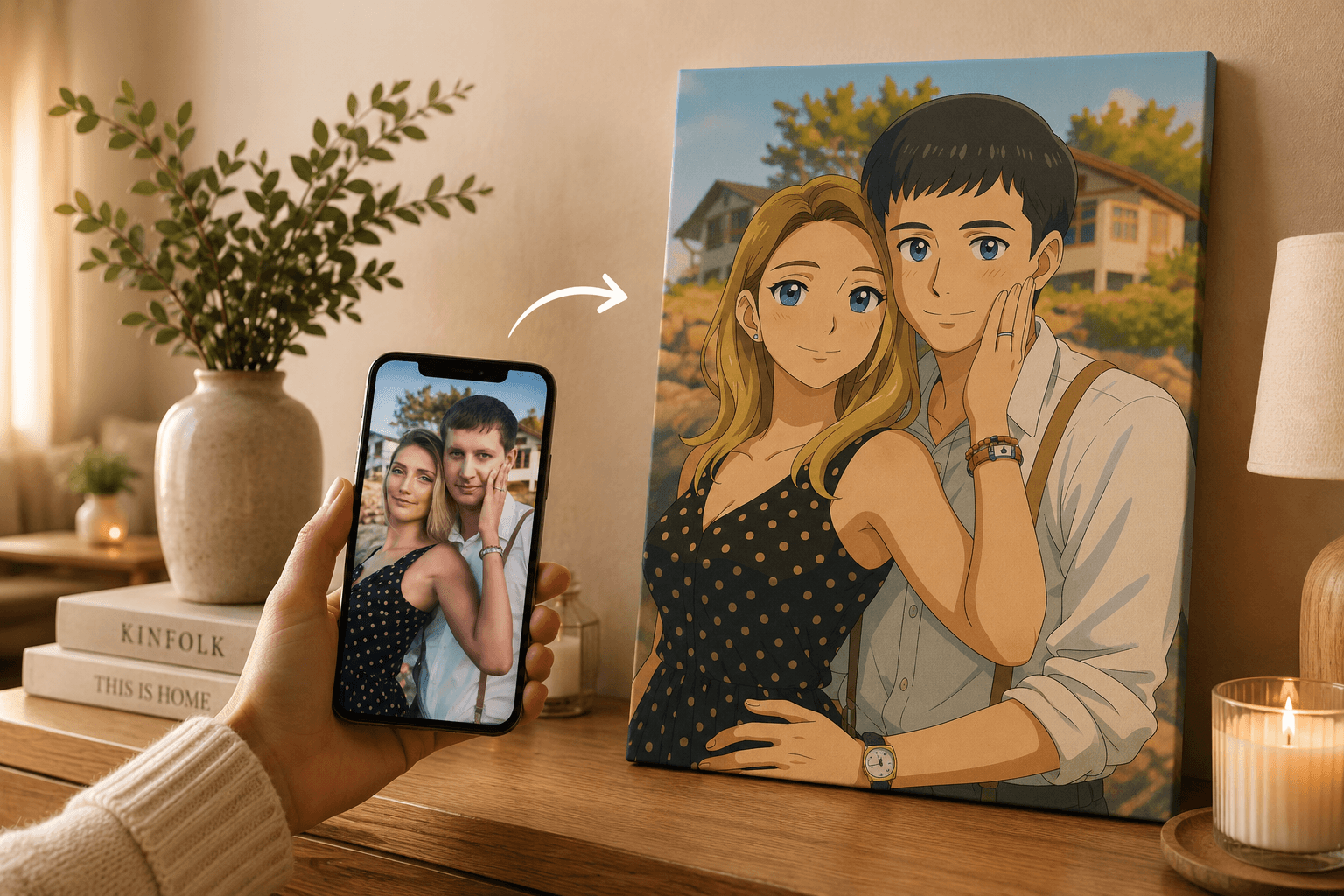 Photo d'un couple sur un smartphone transformée en tableau personnalisé