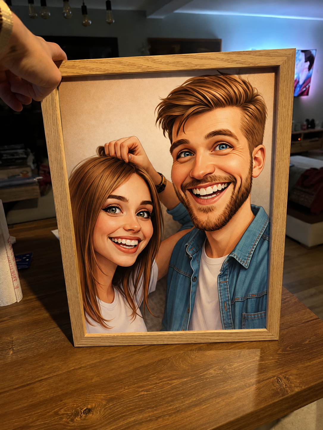 Portrait de couple personnalisé en caricature dans un cadre en bois, photo d'un client