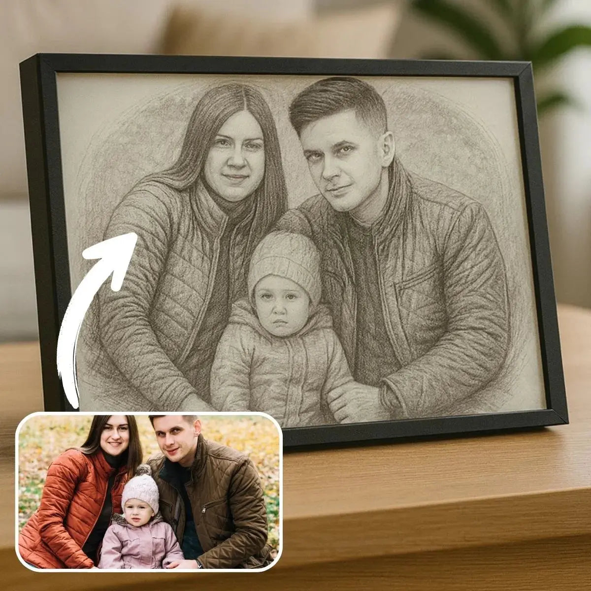 Portrait de famille personnalisé effet dessin au crayon graphite dans un cadre noir posé sur un meuble