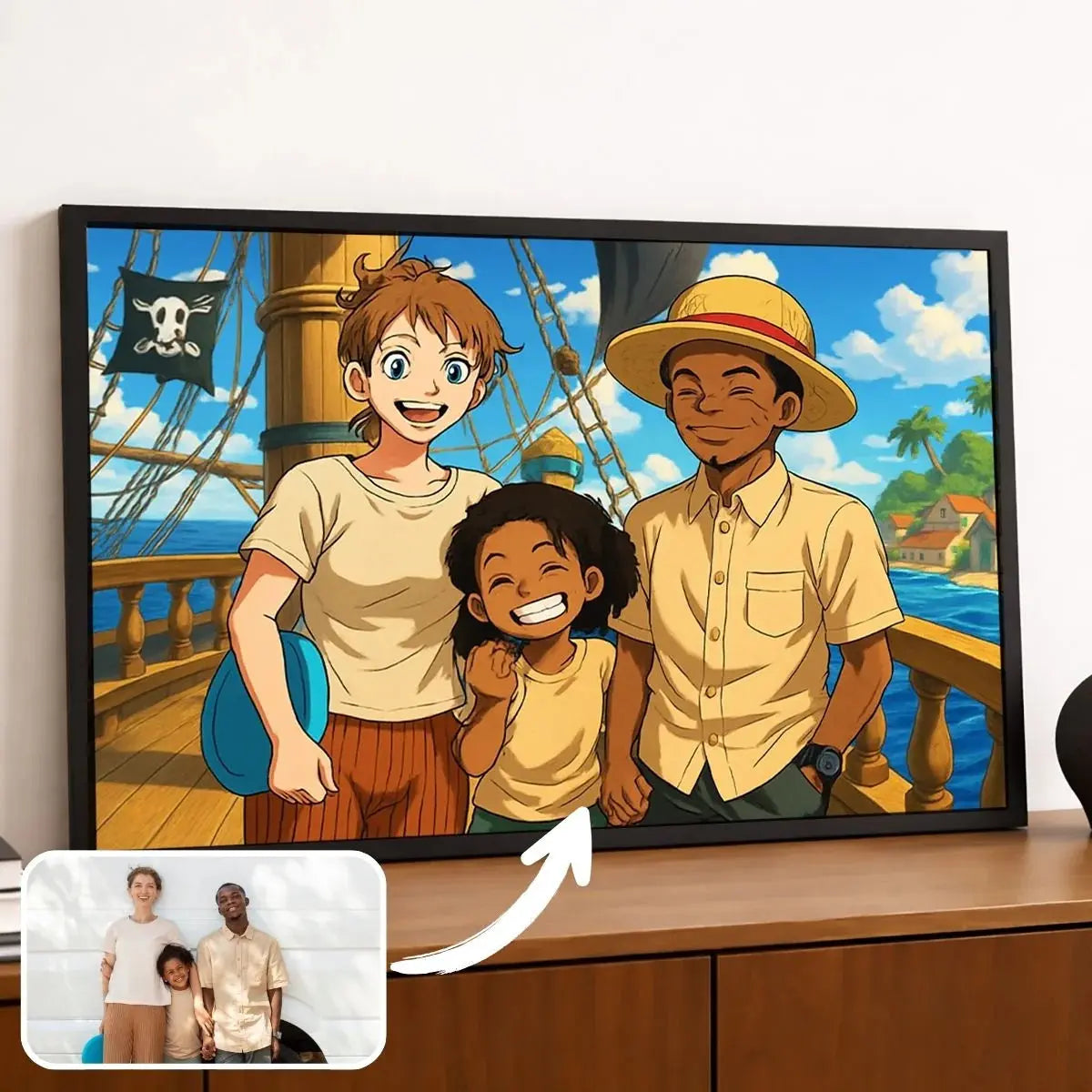 Portrait de famille personnalisé style One Piece dans un cadre noir posé sur un meuble