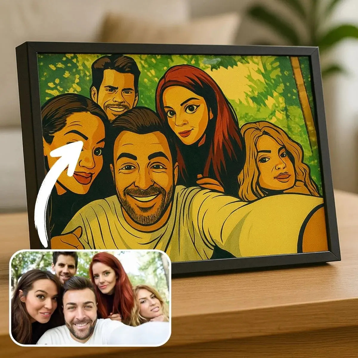 Portrait de groupe d'amis personnalisé effet cartoon type GTA dans un cadre noir posé sur un meuble