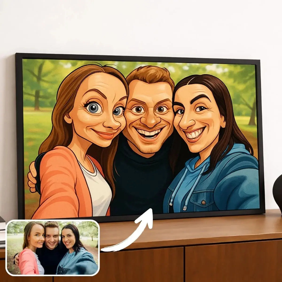 Portrait de groupe d'amis personnalisé style caricature dans un cadre noir posé sur un meuble