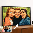 Portrait de groupe d'amis personnalisé style caricature dans un cadre noir posé sur un meuble