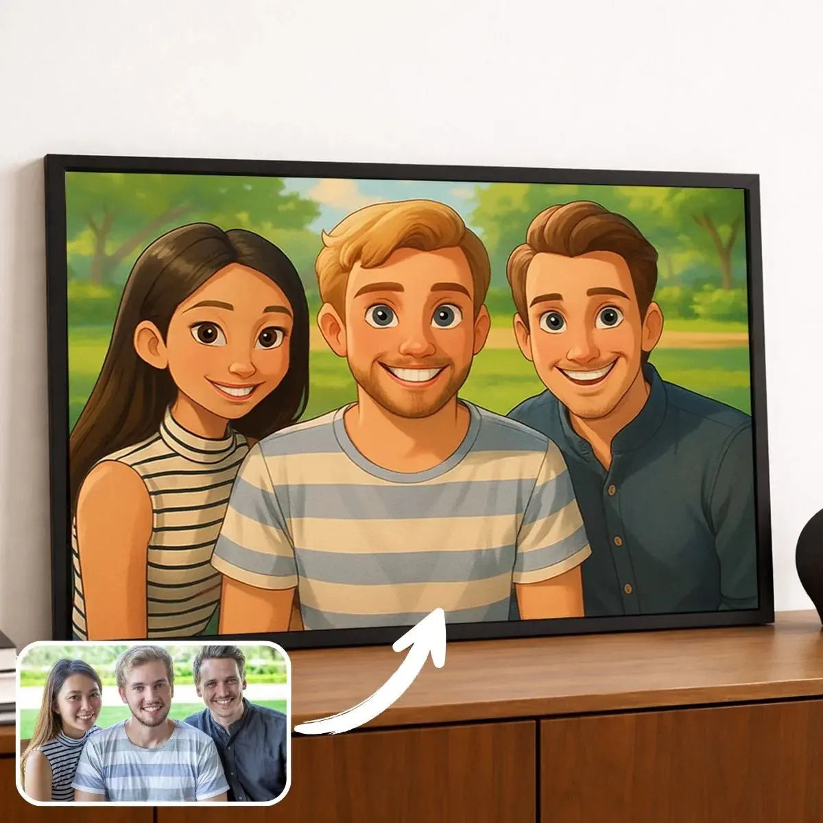 Portrait de groupe d'amis personnalisé style Disney dans un cadre noir posé sur un meuble
