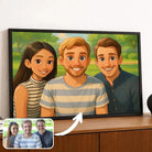 Portrait de groupe d'amis personnalisé style Disney dans un cadre noir posé sur un meuble