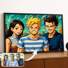Portrait de groupe d'amis personnalisé style Dragon Ball dans un cadre noir posé sur un meuble