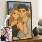 Portrait de couple personnalisé style anime japonais manga dans un cadre noir, photo transformée en illustration