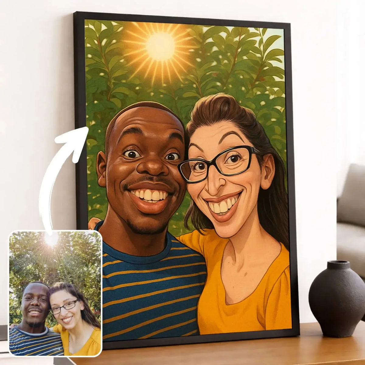 Portrait de couple personnalisé style caricature dans un cadre noir, photo transformée en illustration