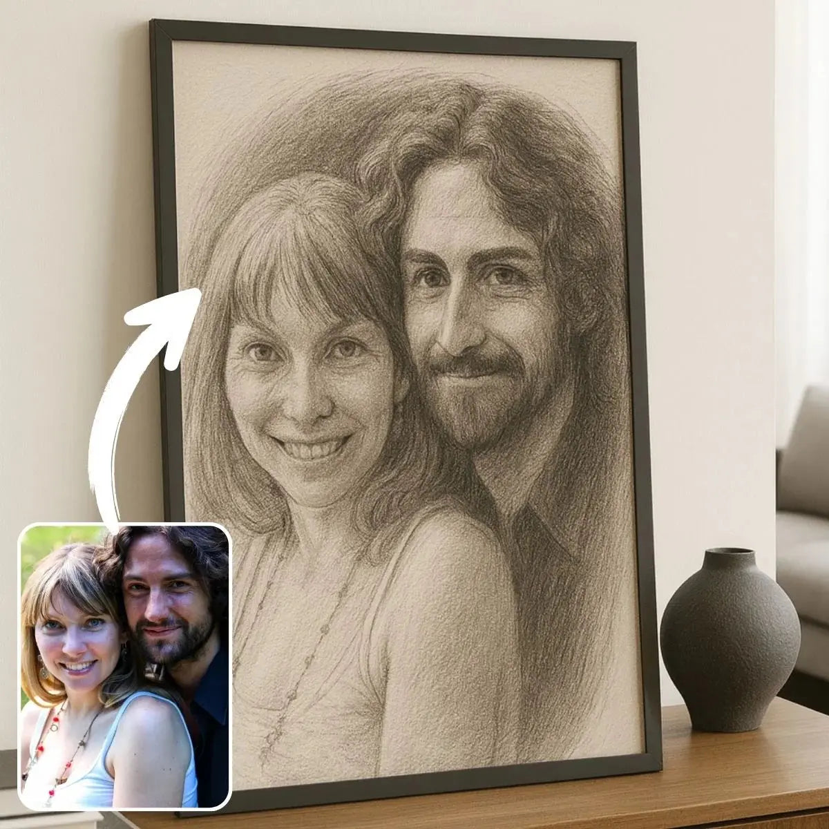 Portrait de couple personnalisé effet dessin au crayon graphite dans un cadre noir, photo transformée en illustration