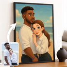 Portrait de couple personnalisé style Disney dans un cadre noir, sur un meuble avec vase noir et livres