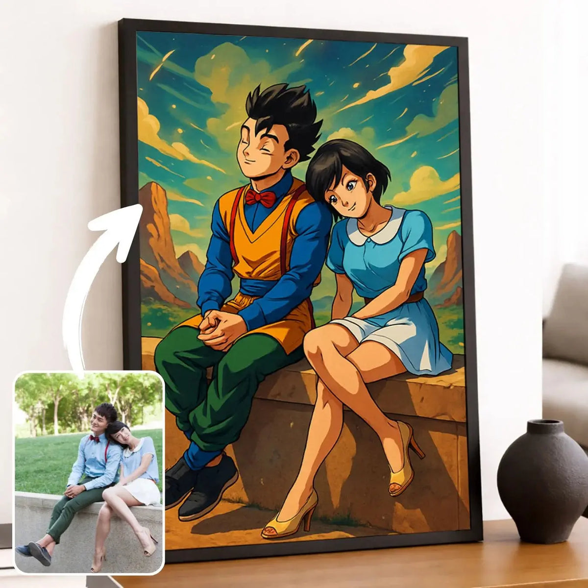 Portrait de couple personnalisé style Dragon Ball dans un cadre noir, photo transformée en illustration