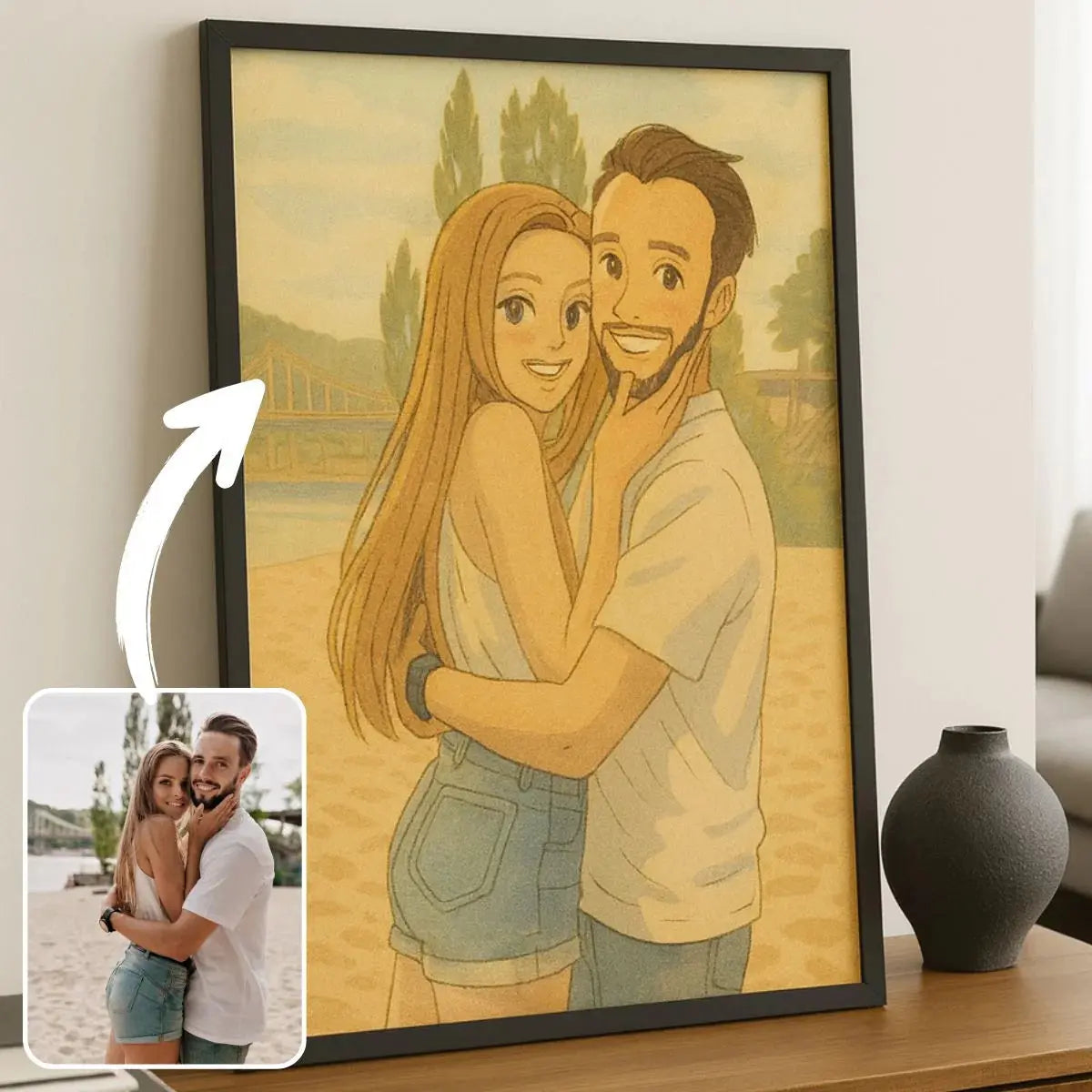 Portrait de couple personnalisé style anime japonais Ghibli dans un cadre noir, photo transformée en illustration