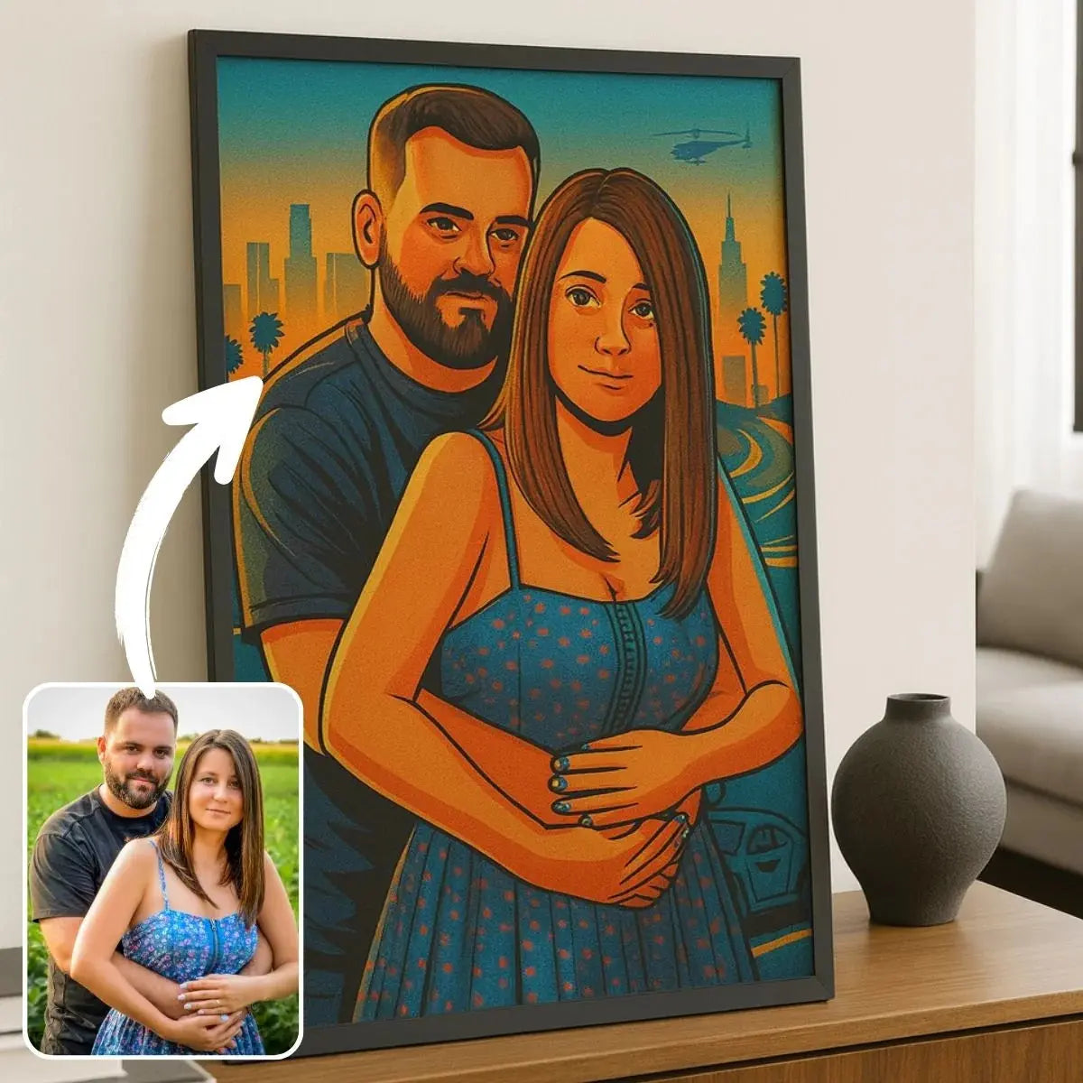 Portrait de couple personnalisé effet cartoon type GTA dans un cadre noir, photo transformée en illustration