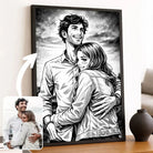 Portrait de couple personnalisé style manga rétro noir et blanc dans un cadre noir, photo transformée en illustration