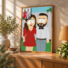 Portrait personnalisé style South Park en affiche encadrée bois sur un buffet