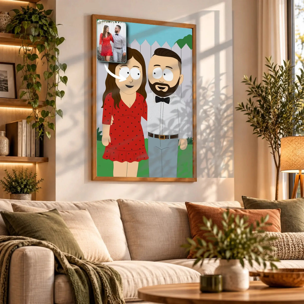 Portrait personnalisé style South Park en affiche encadrée bois dans un salon