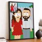 Portrait personnalisé style South Park en affiche encadrée noire sur une étagère (vue 2)