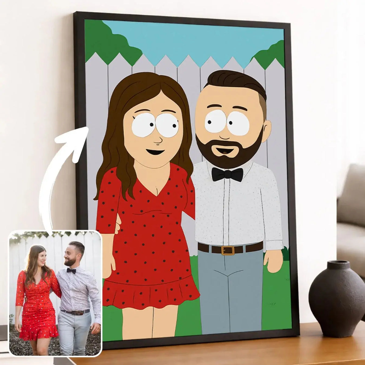 Portrait personnalisé style South Park en affiche encadrée noire sur une étagère