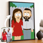 Portrait personnalisé style South Park en affiche encadrée noire sur une étagère