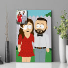Portrait personnalisé style South Park en affiche posée sur une étagère avec des vases